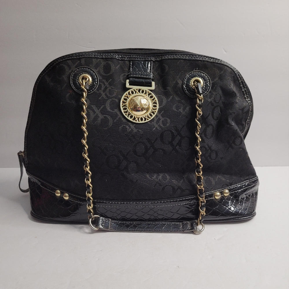 "Black Embossed Shoulder Bag with Gold Chain Straps." 344